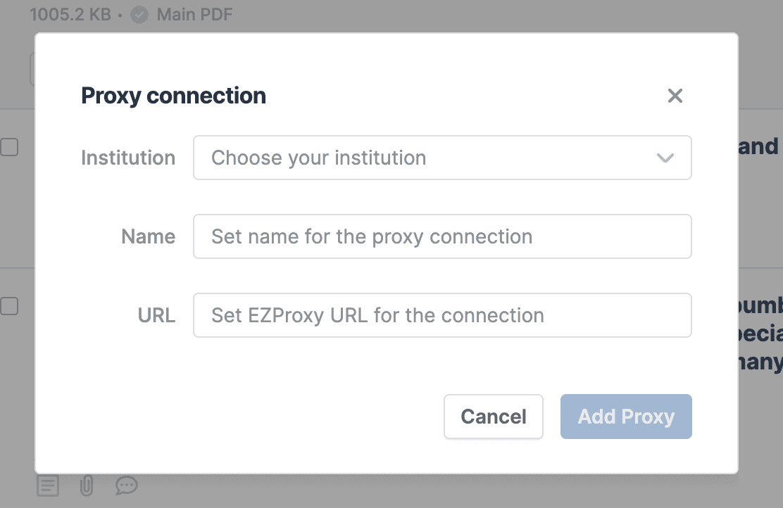 The “Proxy connection” dialog with empty Institution, Name and URL fields — the last reading “Set EZProxy URL for the connection” — above Cancel and “Add Proxy” buttons.